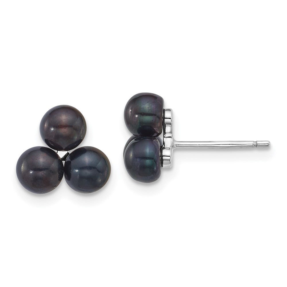 Sterling Silver Rhod-plated 5-6mm Black FWC 3-Pearl Post Earrings