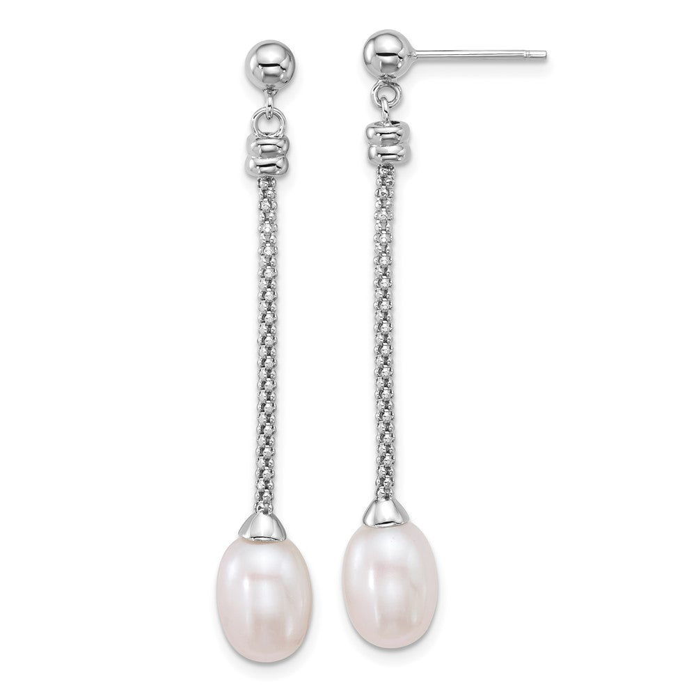 Sterling Silver Rh-plated 7-8mm Rice FWC Pearl Post Dangle Earrings
