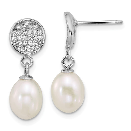 Sterling Silver Rhod 6-8mm Wht FWC Pearl/CZ Post Dangle Earrings