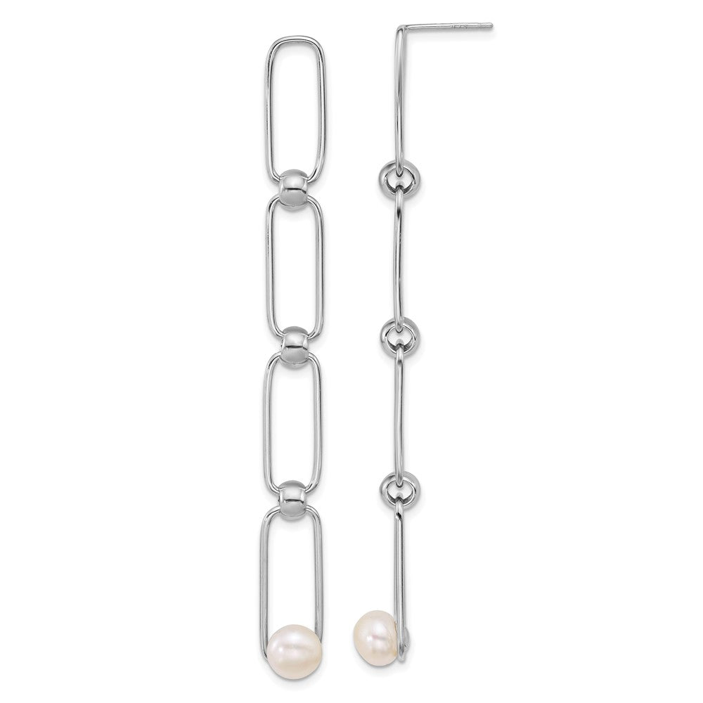 Sterling Silver Rh-plated 6-7mm FWC Pearl Long Post Dangle Earrings