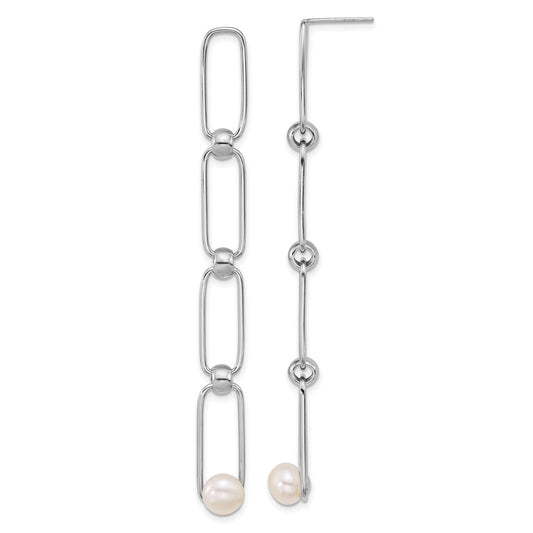 Sterling Silver Rh-plated 6-7mm FWC Pearl Long Post Dangle Earrings