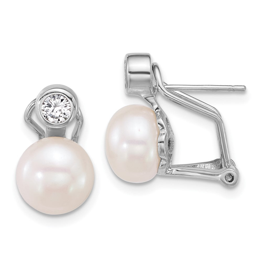 Sterling Silver Rh-plated 8-9mm FWC Pearl/CZ Omega Back Earrings