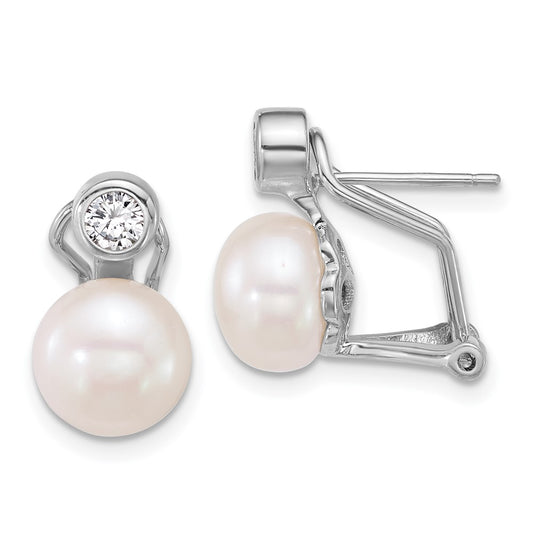Sterling Silver Rh-plated 8-9mm FWC Pearl/CZ Omega Back Earrings