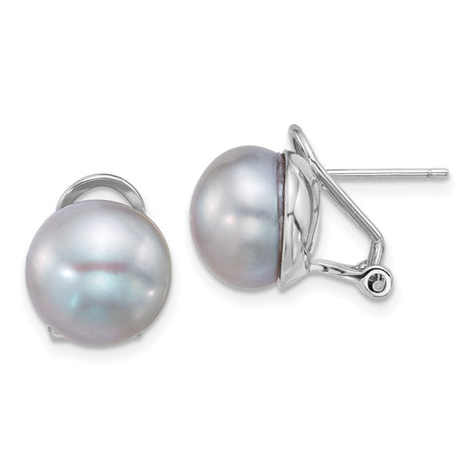 Sterling Silver Rh-plat 11-12mm Button Grey FWC Omega Back Earrings