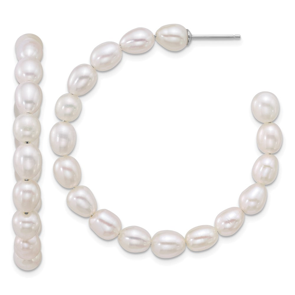 Sterling Silver Rh-plated 5-6mm Rice FWC Pearl Post Hoop Earrings