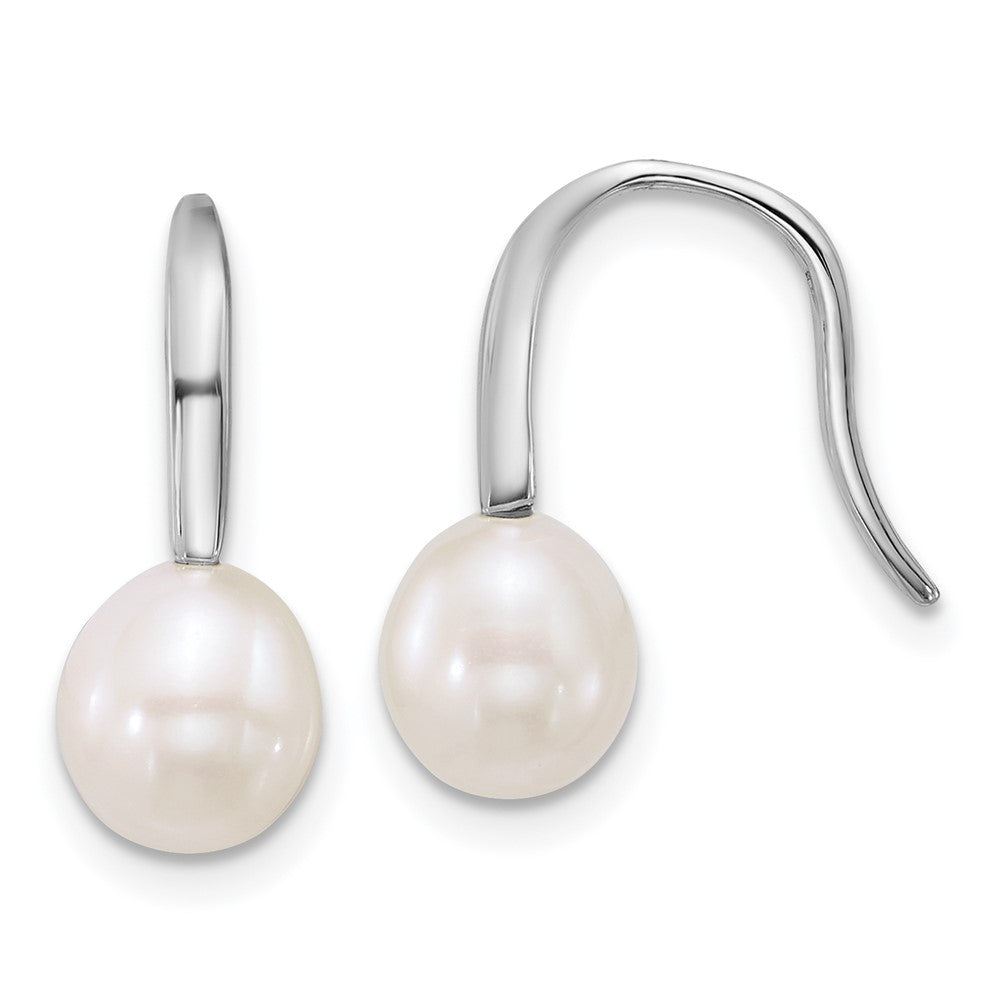 Sterling Silver Rh-plated 7-8mm Wht FWC Pearl Shepherd Hook Earrings