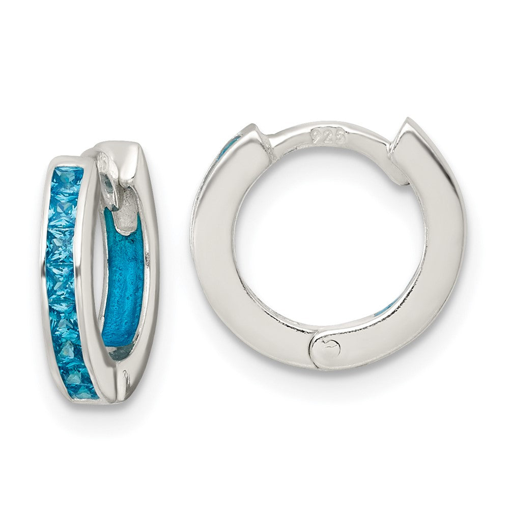 SS Polished Blue CZ and Enamel In/Out Hinged Round Hoop Earrings