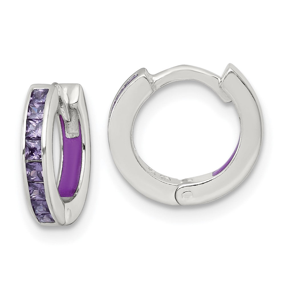 SS Polished Purple CZ and Enamel In/Out Hinged Round Hoop Earrings
