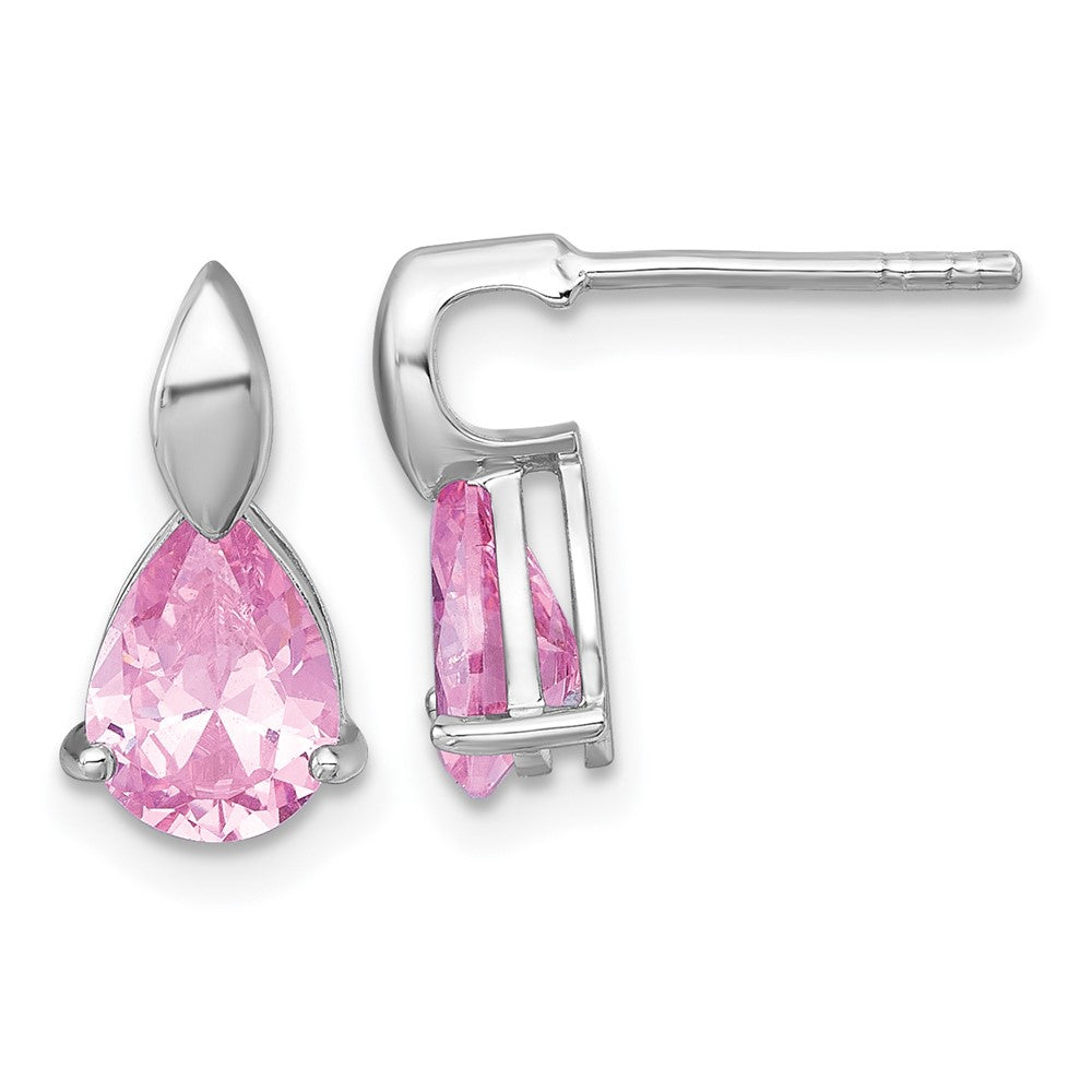 SS RH-plated Polished Pink CZ Teardrop Post Dangle Earrings