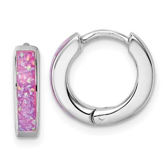 Sterling Silver Rhodium-plated Created Pink Opal Hoop Earrings