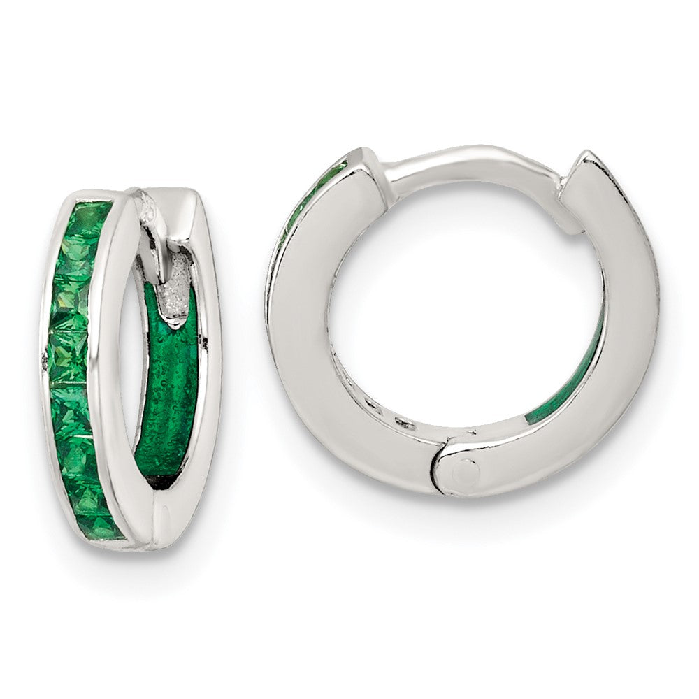 SS Polished Green CZ and Enamel In/Out Hinged Round Hoop Earrings
