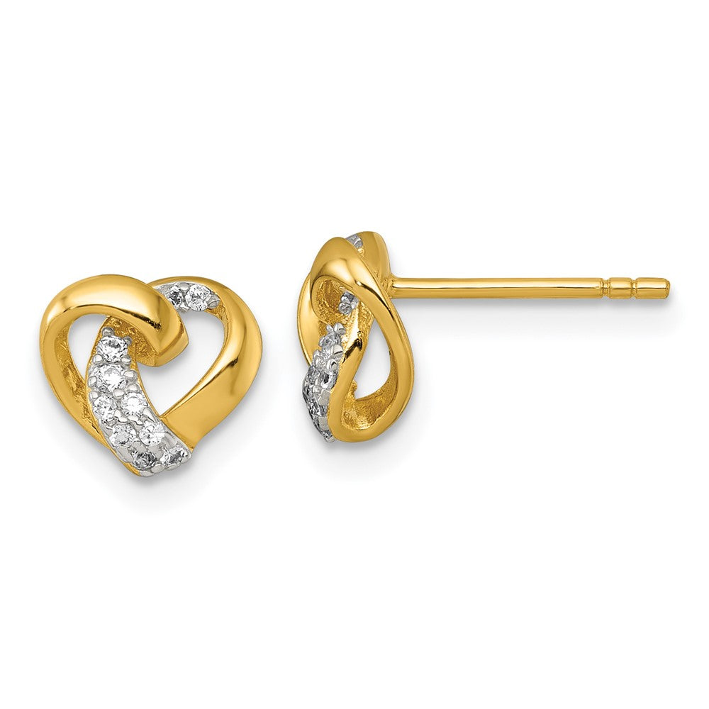 Sterling Silver RH-pl Gold-tone Polished CZ Love Knot Heart Post Earrings