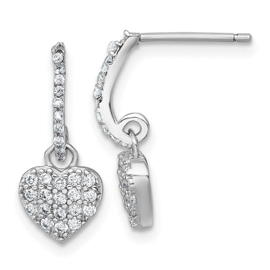 Sterling Silver RH-plated Polished CZ Heart Post Dangle Earrings