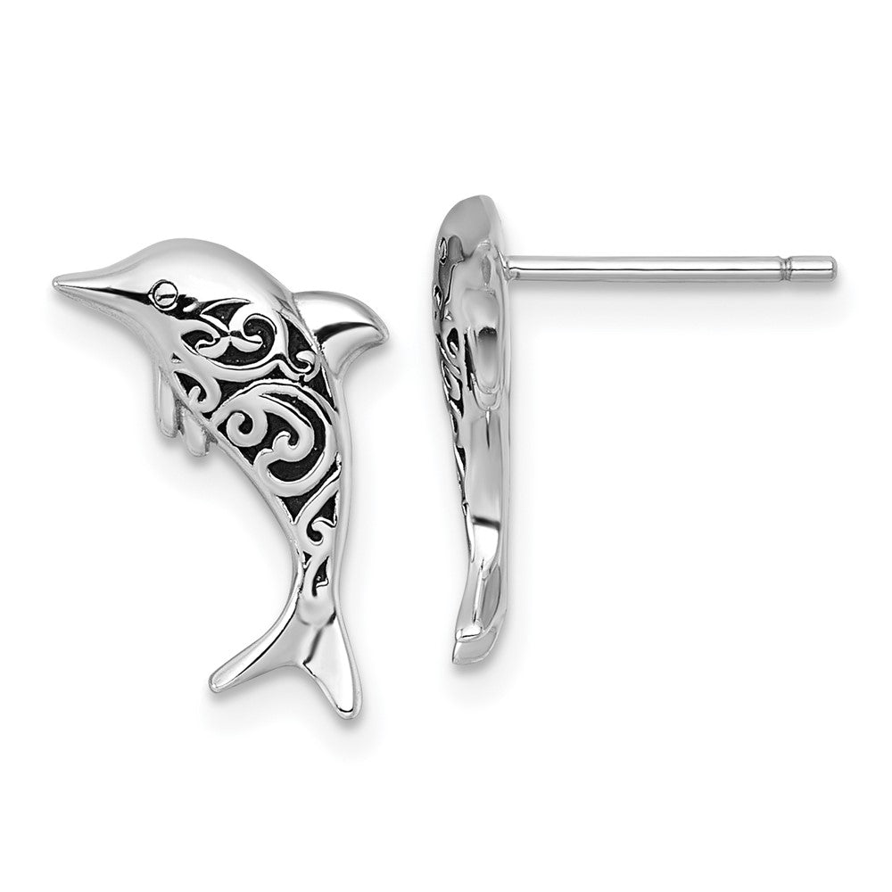 Sterling Silver RH-plated Polished and Oxidized Filigree Dolphin Post Earri