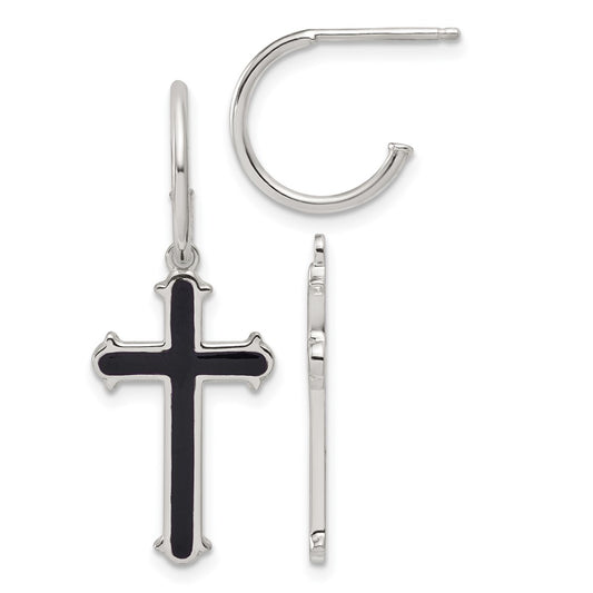 Sterling Silver Polished Black Enamel Cross Dangle Post C-Hoop Earrings