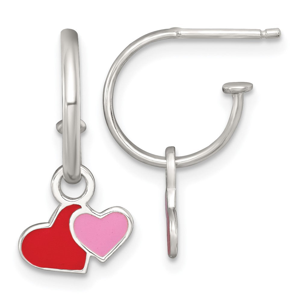 Sterling Silver Enameled Hearts Children's Post C-Hoop Dangle Earrings