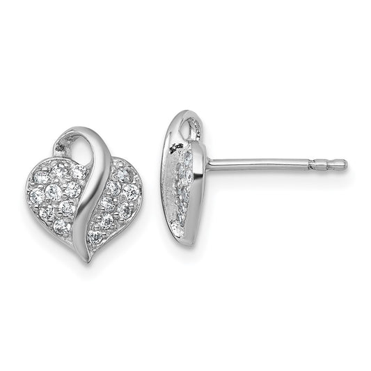 Sterling Silver Rhodium-plated Polished CZ Heart Children's Post Earrings