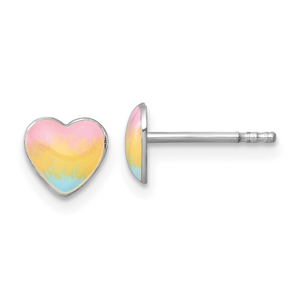 SS Madi K RH-plated Enamel Rainbow Heart Children's Post Earrings