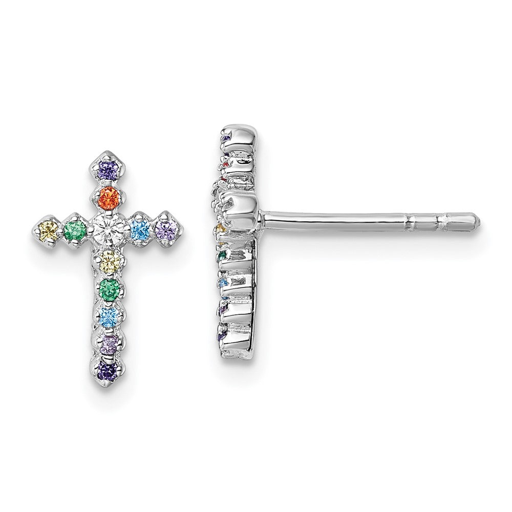 Sterling Silver Rh-plated Children's CZ Cross Post Earrings