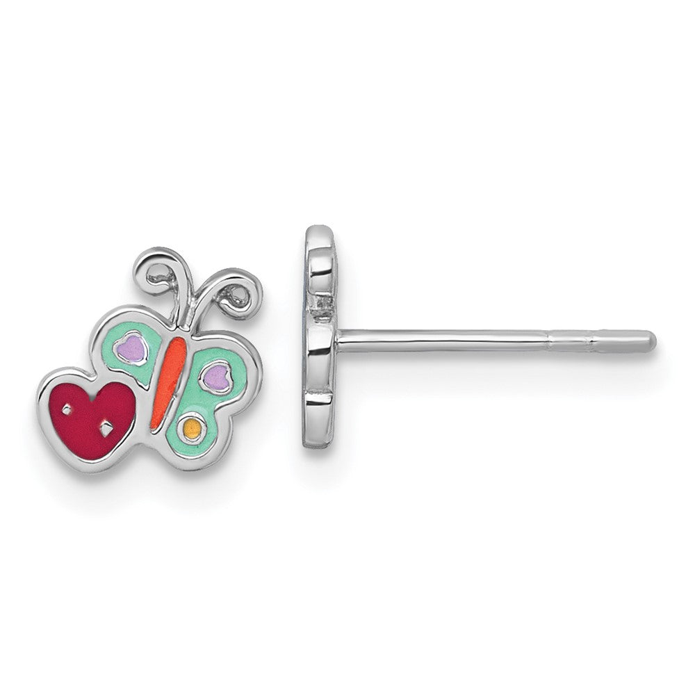 Sterling Silver RH-plat Enamel Butterfly And Heart Children's Post Earrings