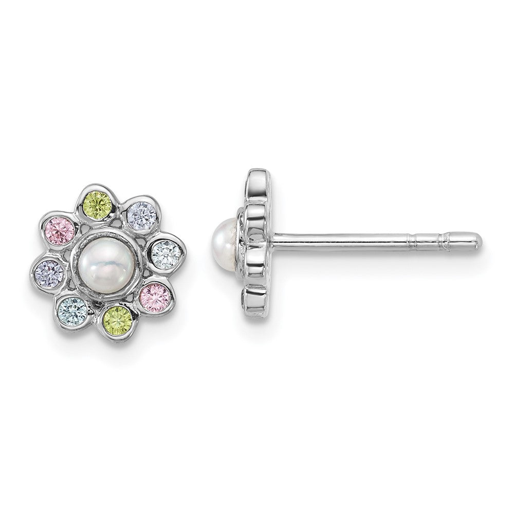 Sterling Silver Rh-plated Children's CZ And FWC Pearl Post Earrings