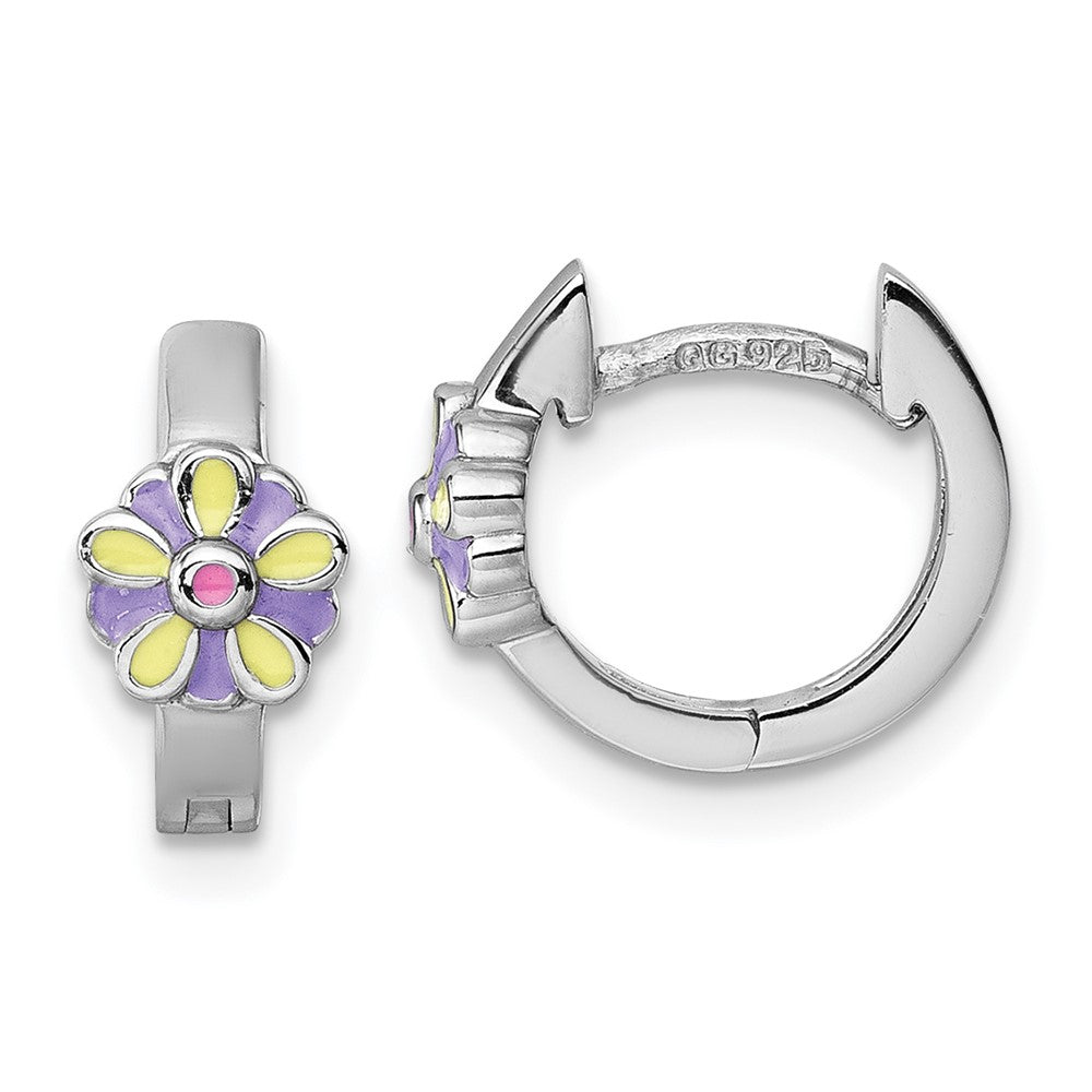 Sterling Silver Rh-plated Children's Enamel Flower Hinged Hoop Earrings
