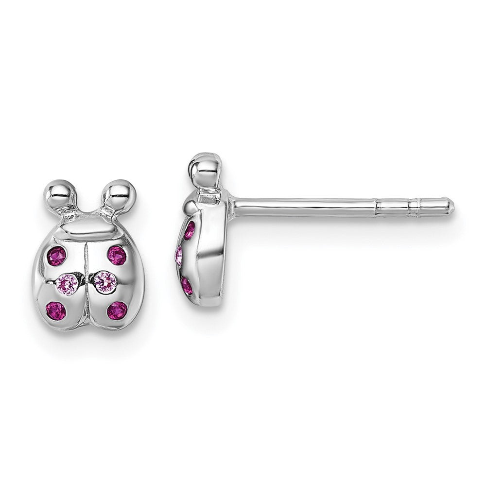 Sterling Silver Rh-pl Children's Pink Red CZ Lady Bug Post Earrings