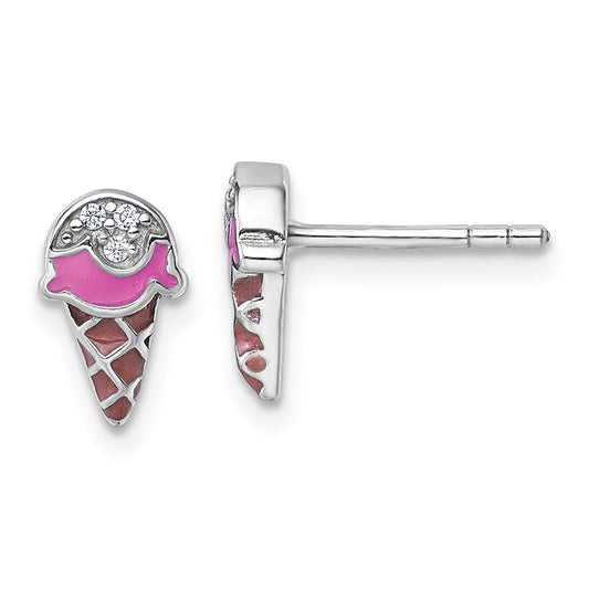 Sterling Silver Rh-plated Children's Enamel CZ Ice Cream Post Earrings