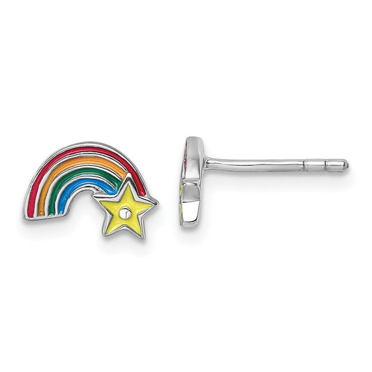 Sterling Silver Rh-plated Children's Enamel Rainbow with Star Post Earrings