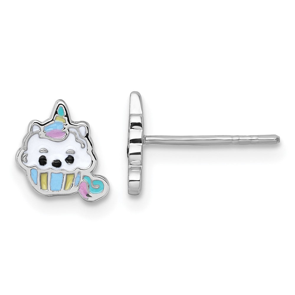 Sterling Silver RH-plated Enamel Unicorn Cupcake Children's Post Earrings