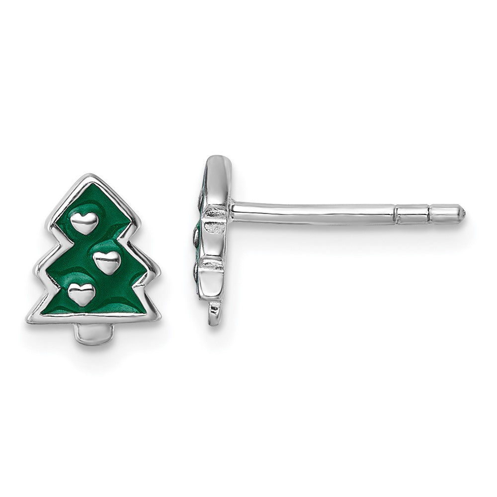 Sterling Silver Rh-plated Children's Enamel Christmas Tree Post Earrings