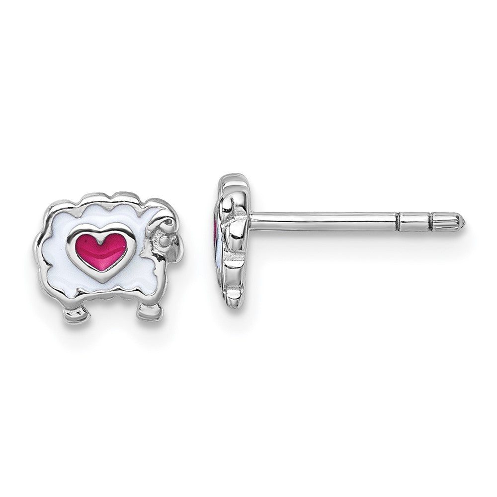 Sterling Silver Rh-plated Children's Enamel Sheep with Heart Post Earrings