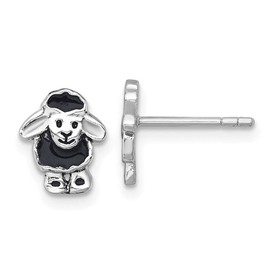 Sterling Silver Rhodium-plated Polished Enamel Black Sheep Post Earrings