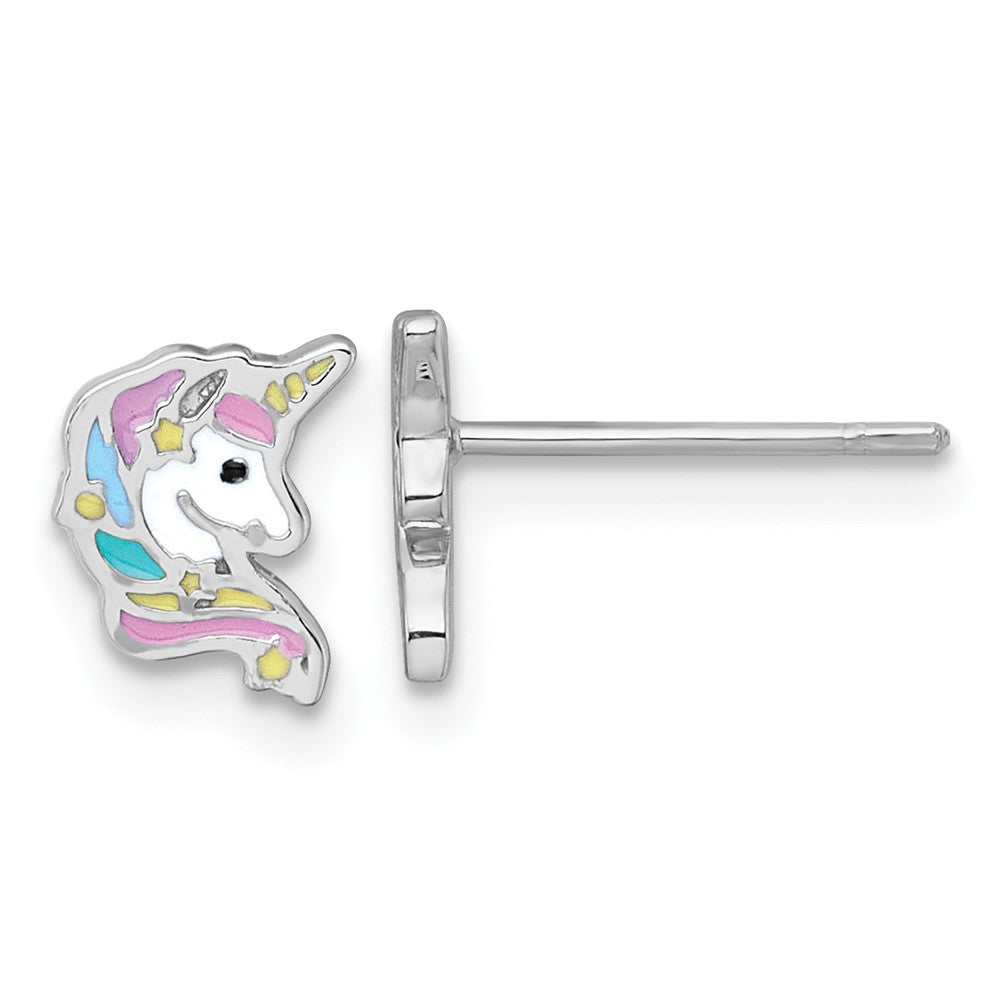 Sterling Silver Rhodium-plated Enamel Unicorn Head Children's Post Earrings