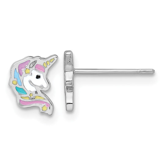 Sterling Silver Rhodium-plated Enamel Unicorn Head Children's Post Earrings