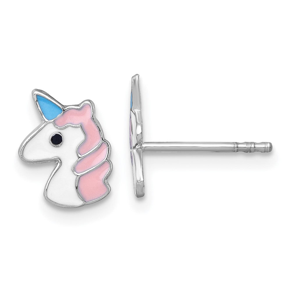Sterling Silver Madi K RH-plated Enamel Unicorn Children's Post Earrings