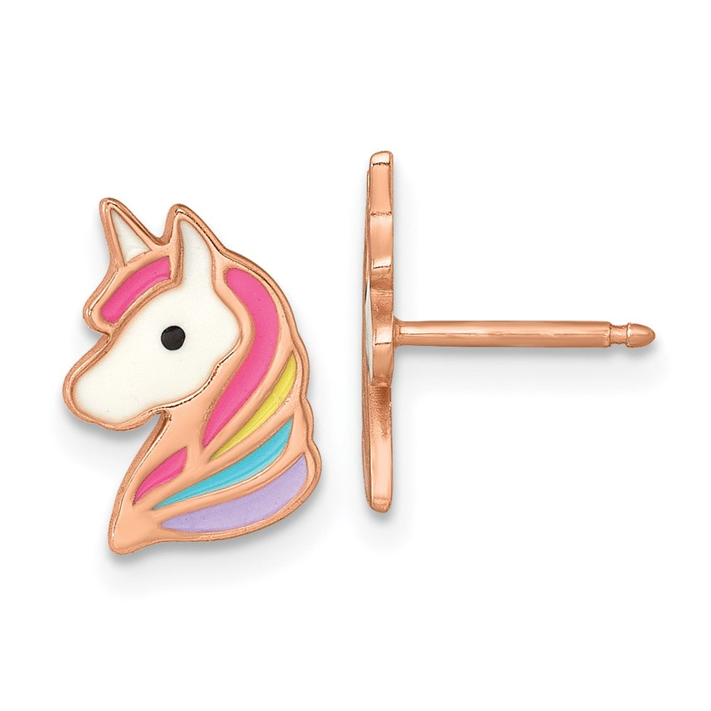 Sterling Silver Rose-tone Enameled Unicorn Children's Post Earrings