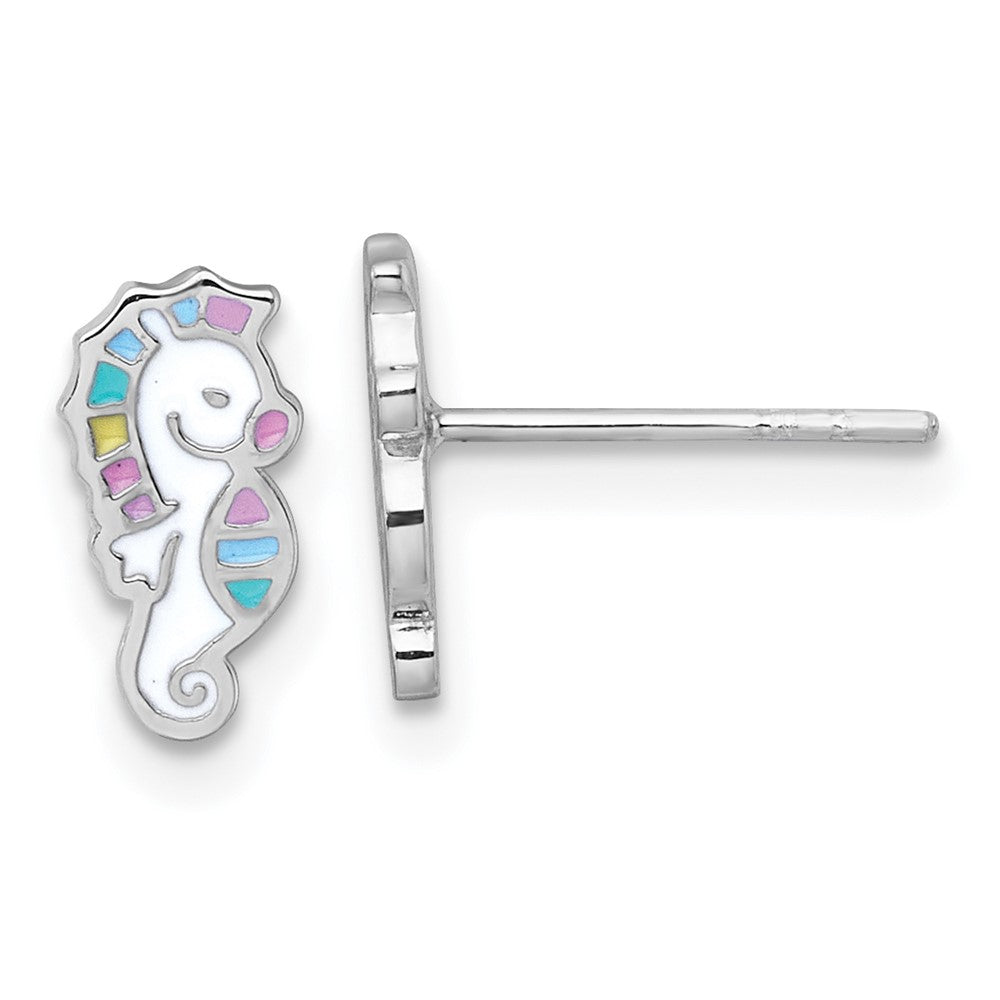 Sterling Silver Rhodium-plated Enamel Seahorse Children's Post Earrings