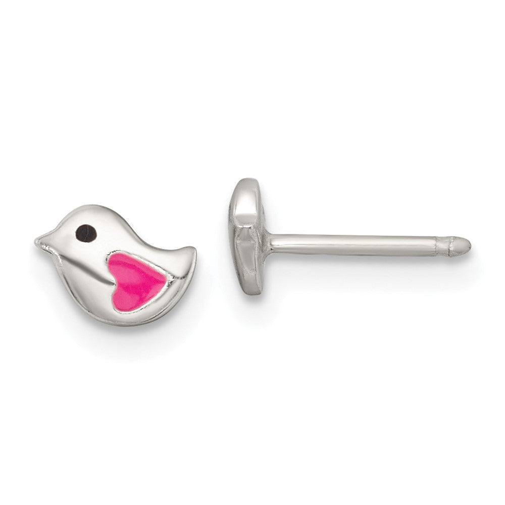 Sterling Silver Polished Enameled Heart Bird Children's Post Earrings