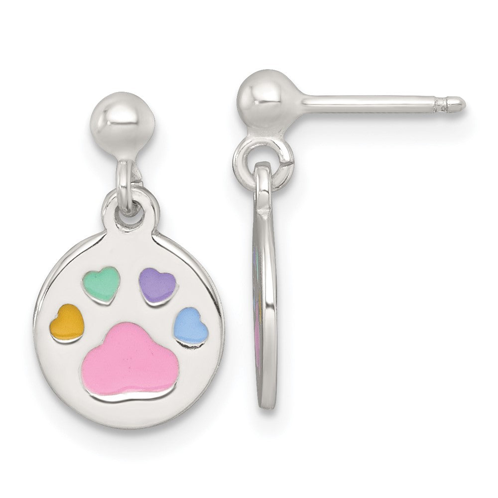 Sterling Silver Enamel Multicolor Pawprint Children's Post Dangle Earrings