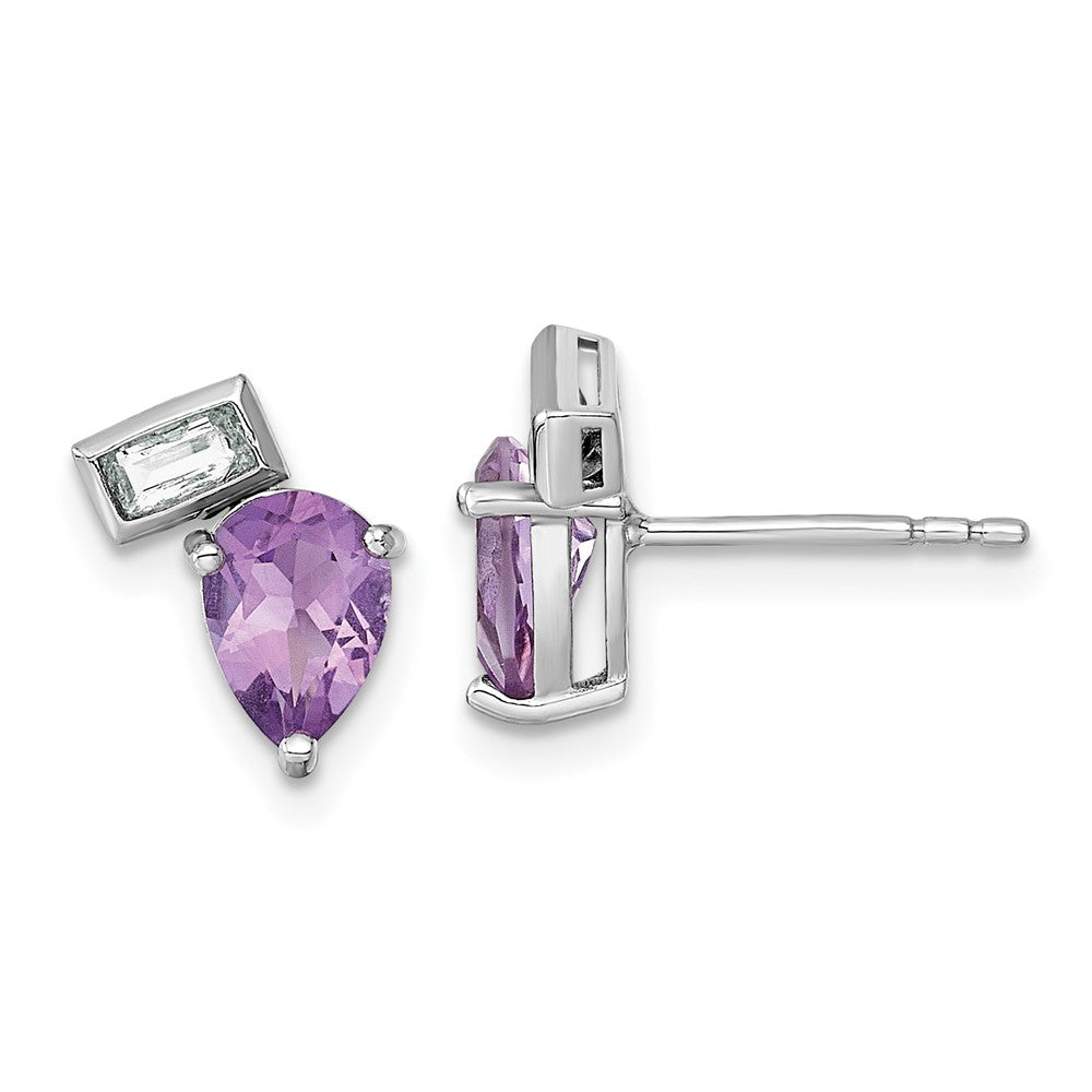 SS RH-plated Pear Rectangle Shape Amethyst and White Topaz Post Earrings