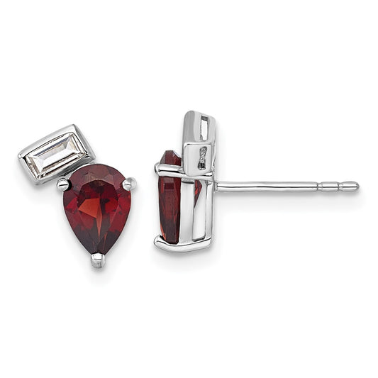 SS RH-plated Pear and Rectangle Shape Garnet White Topaz Post Earrings