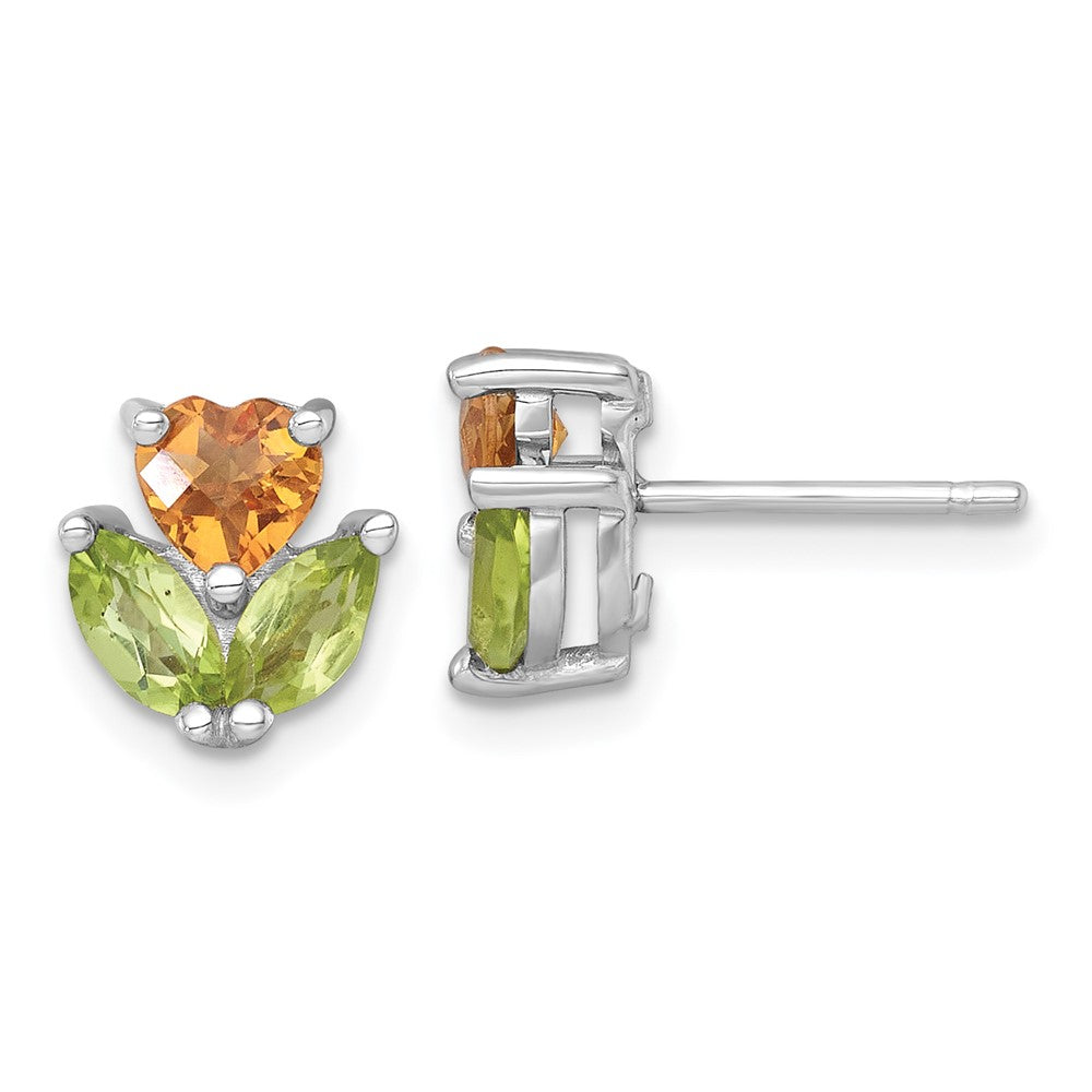 Sterling Silver RH-plated Citrine and Peridot Flower Post Earrings