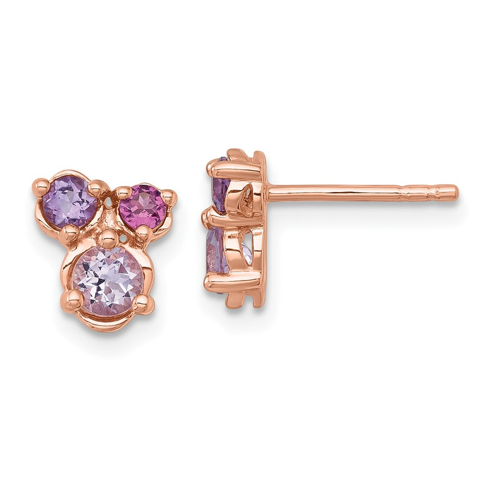 SS Rose Gold-pltd Amethyst/Pink Quartz/Rhod. Garnet Post Earrings