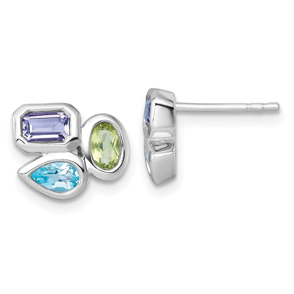 SS RH-plated Polished Blue Topaz/Peridot/Amethyst Post Earrings