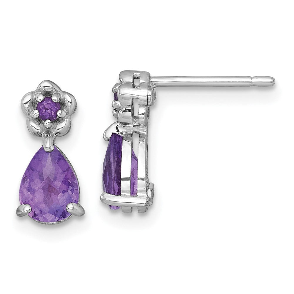 Sterling Silver RH-plated Amethyst Teardrop & Flower Post Earrings