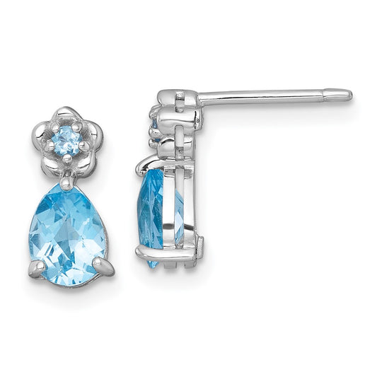 SS RH-plated Light Swiss Blue Topaz Teardrop & Flower Post Earrings