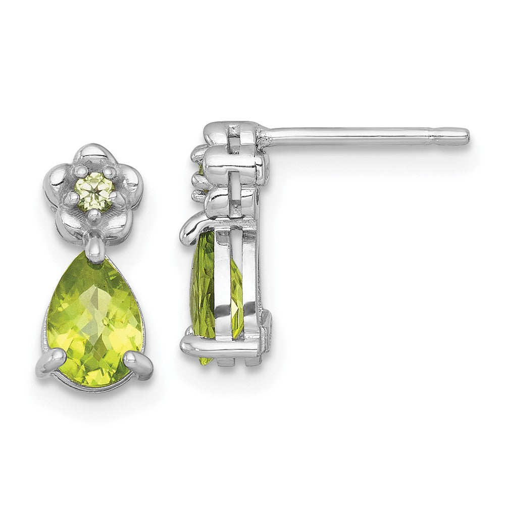 Sterling Silver RH-plated Peridot Teardrop & Flower Post Earrings