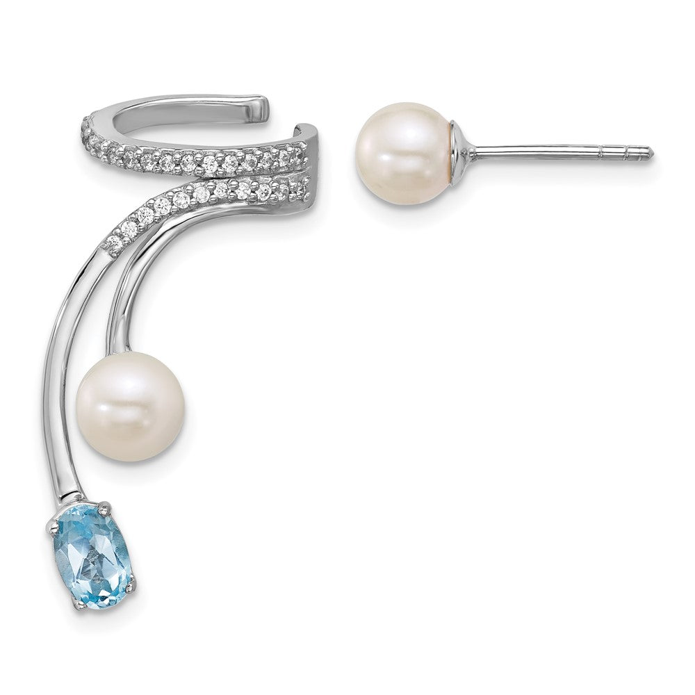 SS RH-plated CZ FWC Pearl Blue Topaz Post and Cuff Asymmetric Earrings