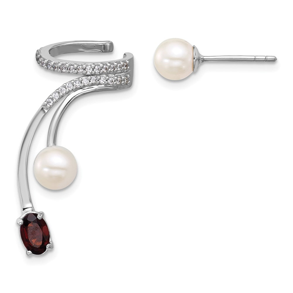 SS RH-plated CZ FWC Pearl Garnet Post and Cuff Asymmetric Earrings